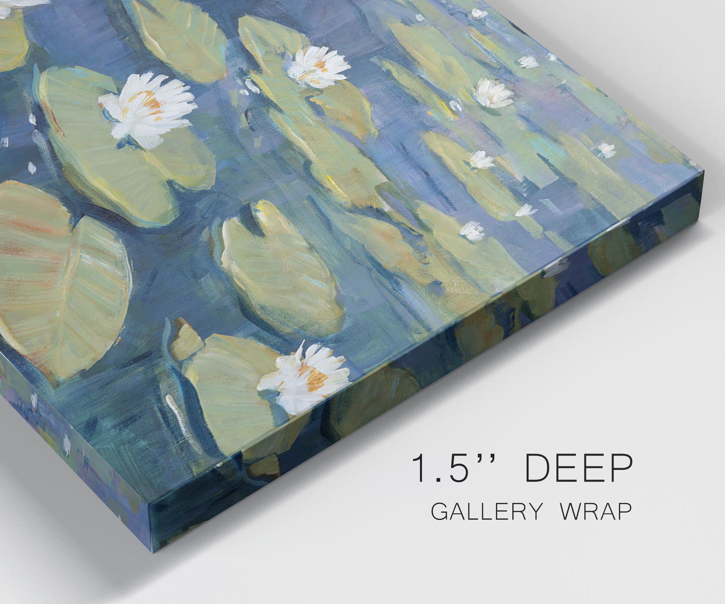 Close-up view of wrapped canvas corner featuring water lilies floating on pond.