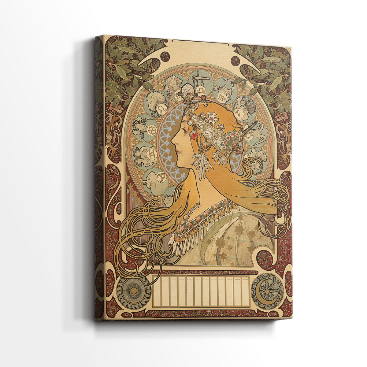Side view of a canvas art print of a decorative portrait with intricate patterns and symbolic design, showing gallery-wrapped depth.