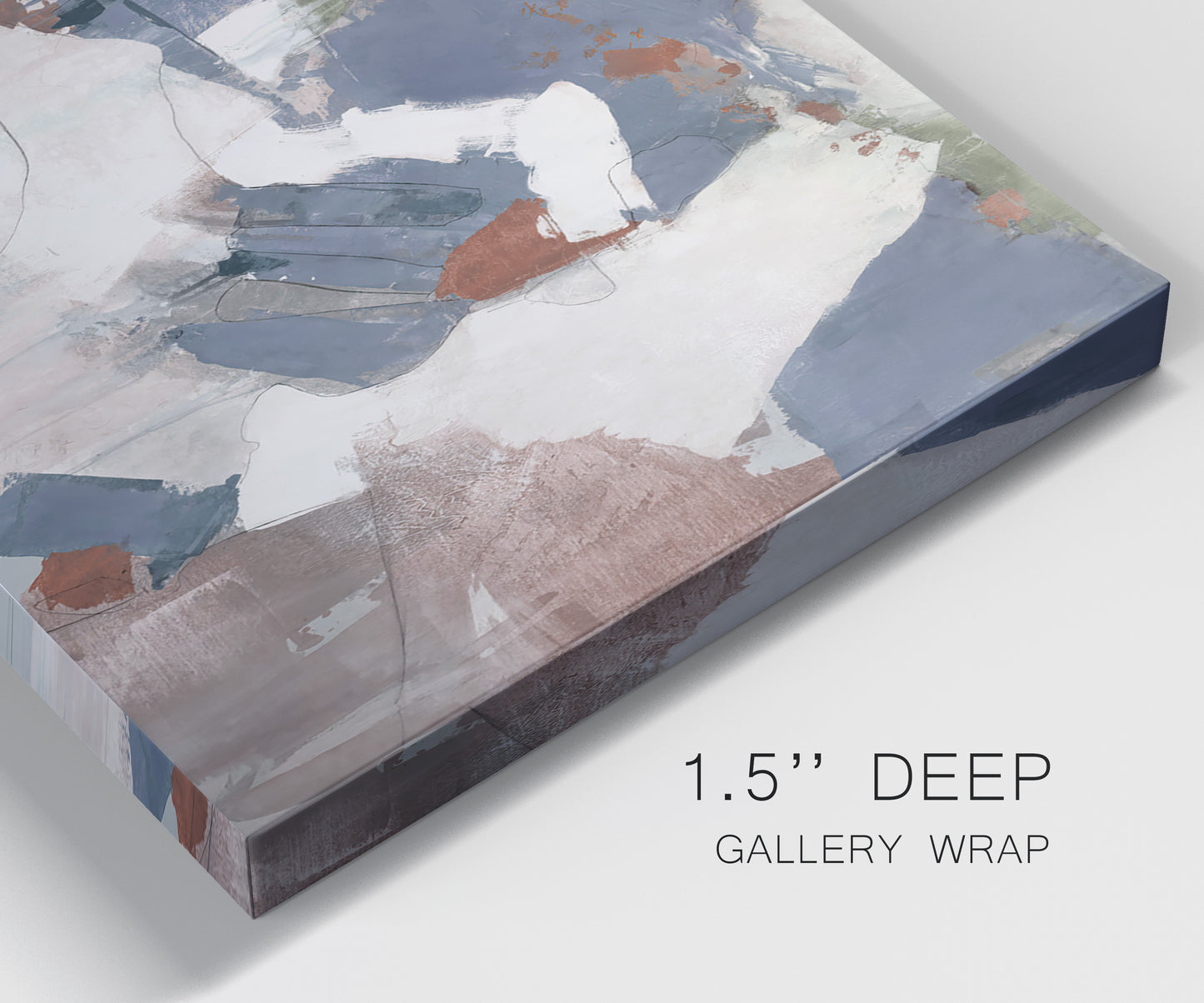 Close-up view of wrapped canvas corner featuring cool blue abstract layered composition.