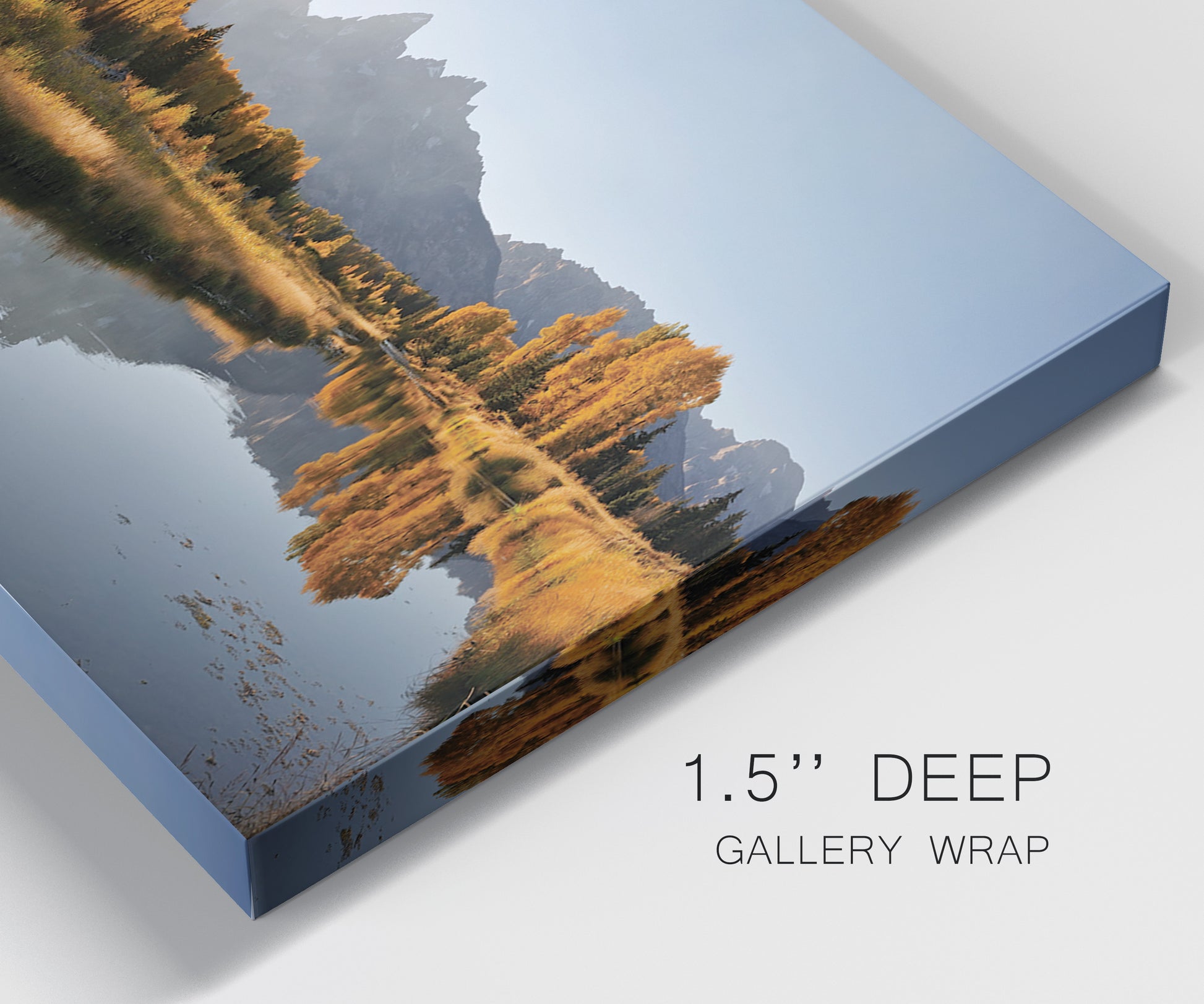 Close-up view of wrapped canvas corner featuring river canyon landscape photograph.