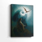 Side view of a canvas art print of a mystical figure set against an open sky with gentle tones, showing gallery-wrapped depth.