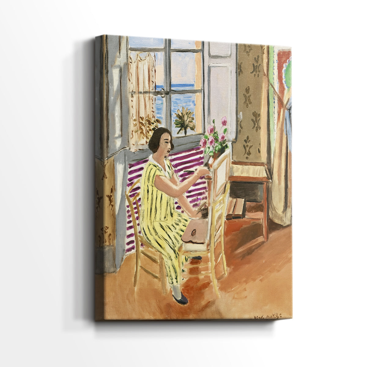Side view of a canvas art print of a lively composition with a painter and decorative surroundings, showing gallery-wrapped depth.