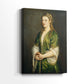 Side view of a canvas art print of a composed portrait with warm color and detail, showing gallery-wrapped depth.