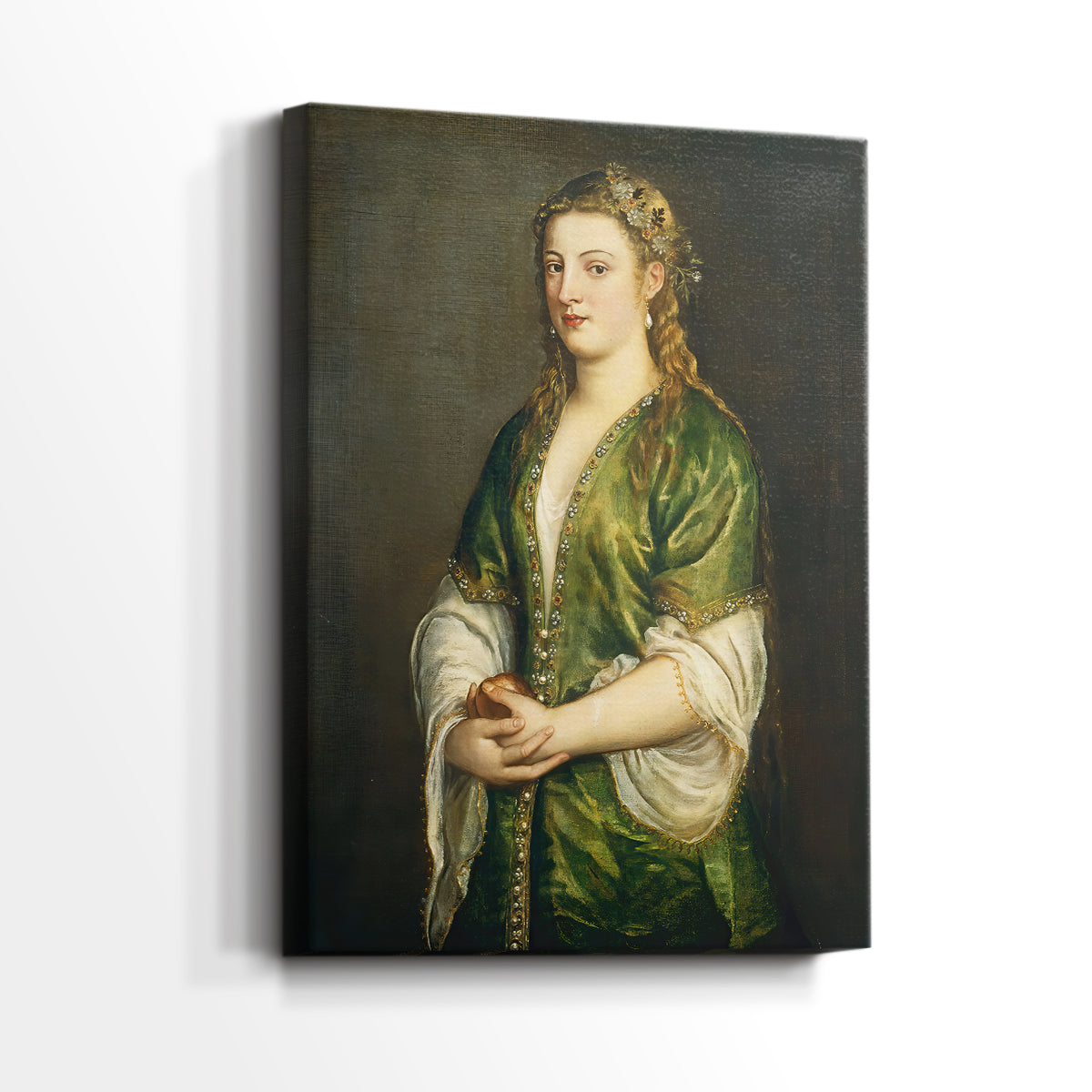 Side view of a canvas art print of a composed portrait with warm color and detail, showing gallery-wrapped depth.