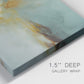 Close-up view of wrapped canvas corner featuring earth toned abstract solar landscape.
