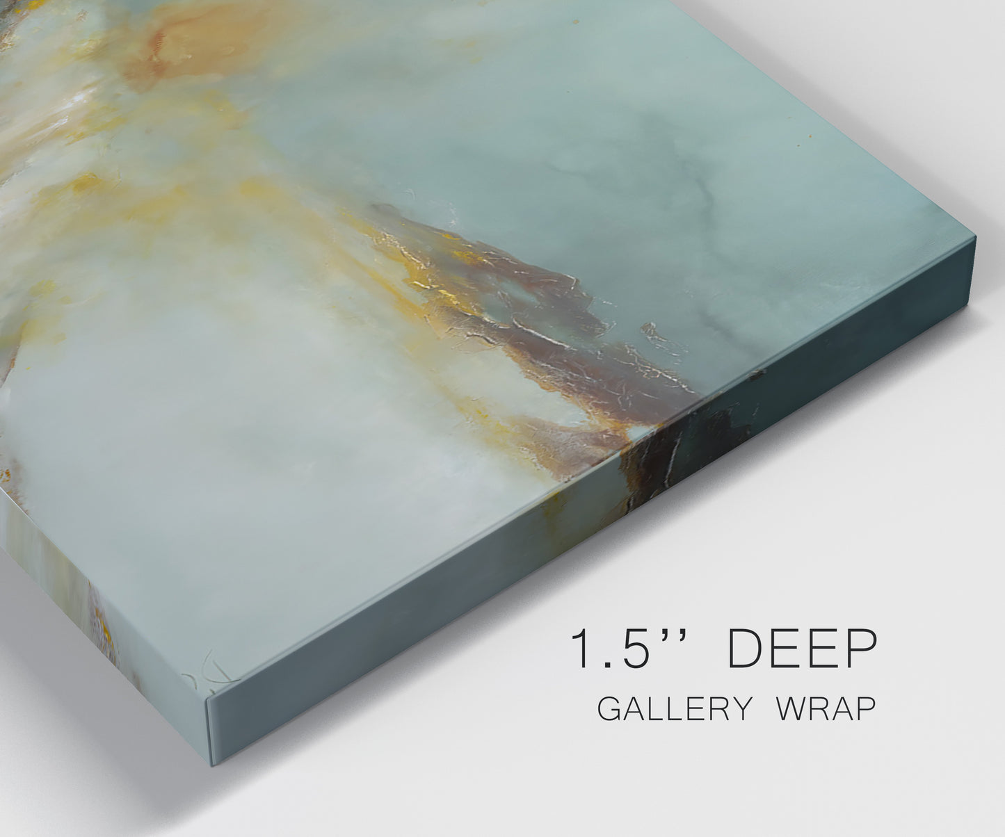 Close-up view of wrapped canvas corner featuring earth toned abstract solar landscape.