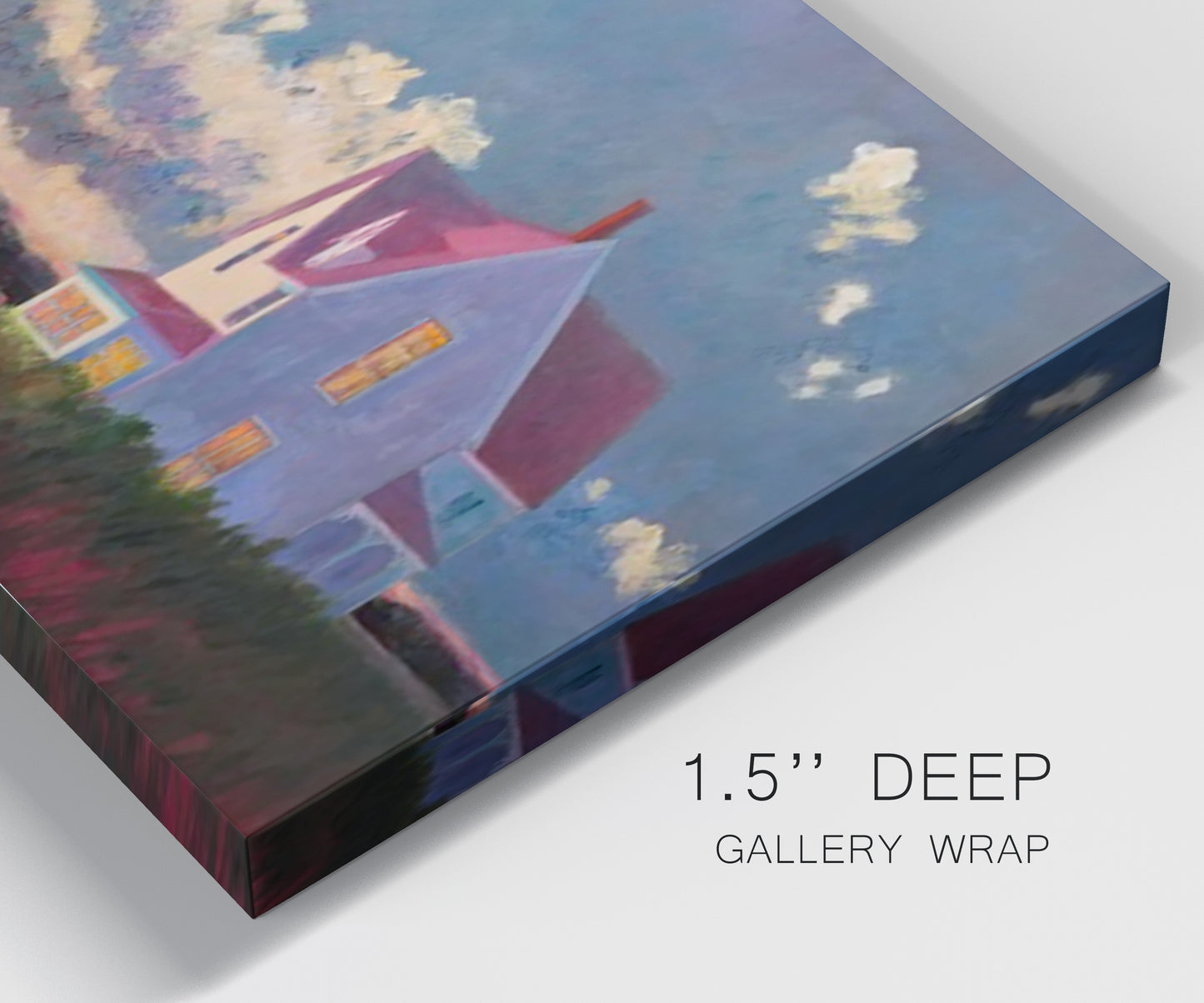Close-up view of wrapped canvas corner featuring farmhouse scene before approaching storm.