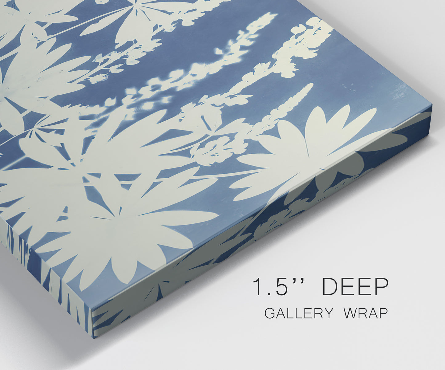 Close-up view of wrapped canvas corner featuring delicate lupine floral composition.
