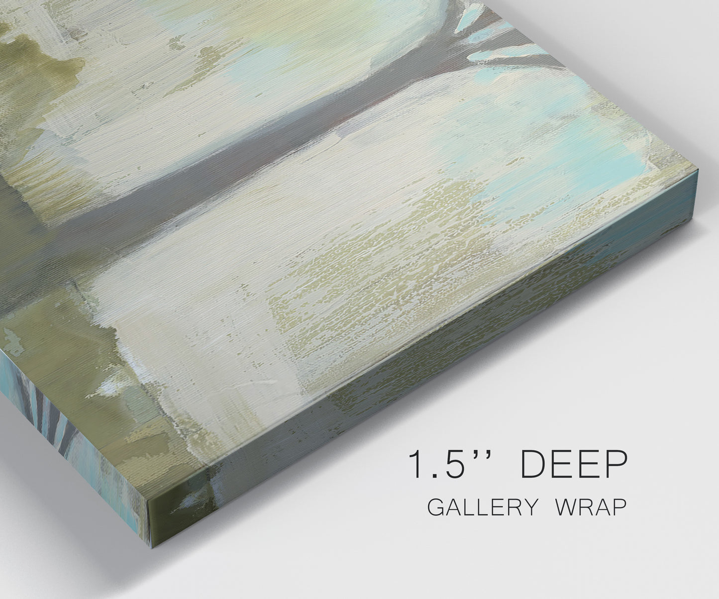Close-up view of wrapped canvas corner featuring tall abstract tree form.