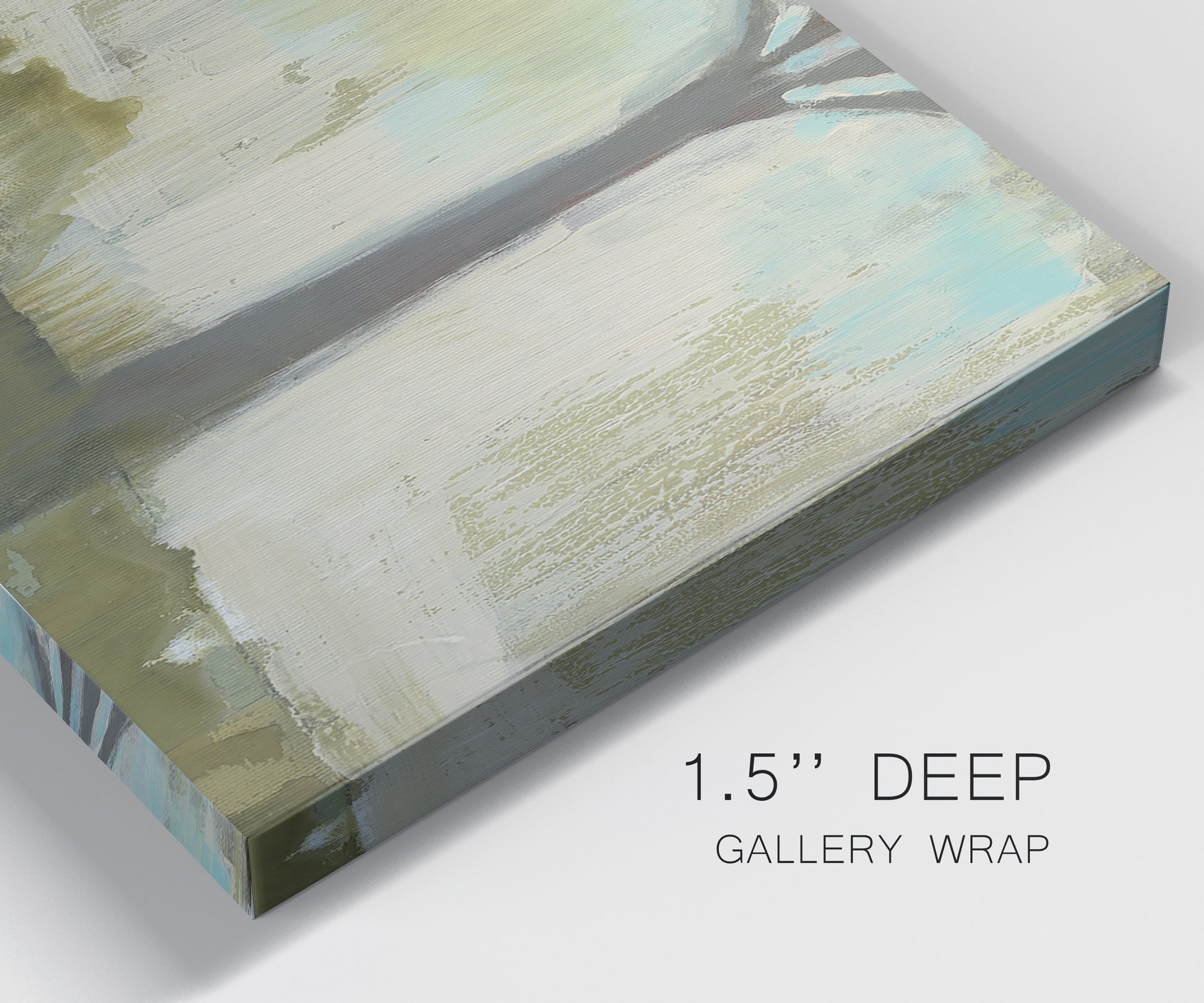 Close-up view of wrapped canvas corner featuring tall abstract tree form.