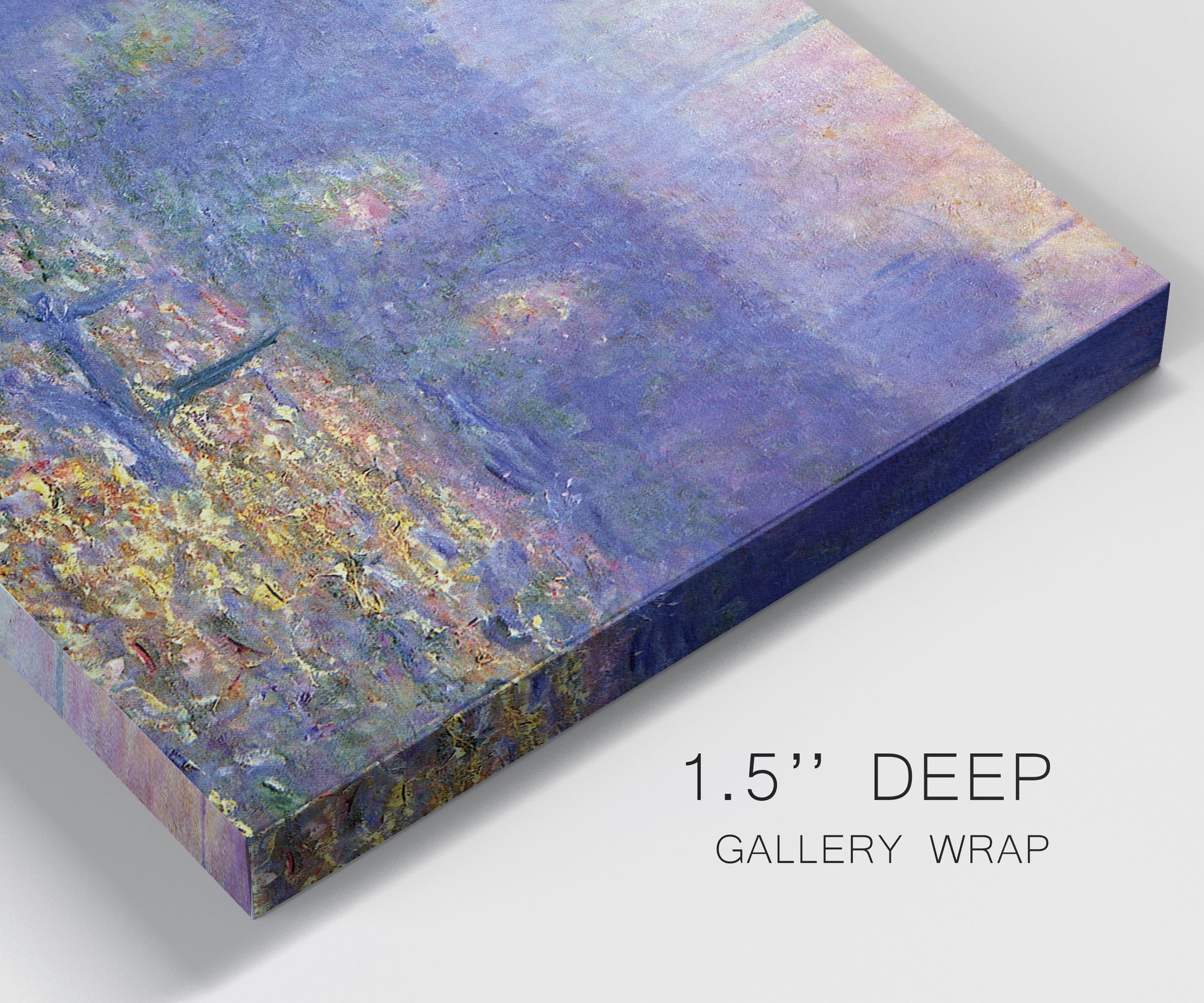Close-up view of wrapped canvas corner featuring overcast bridge above river.