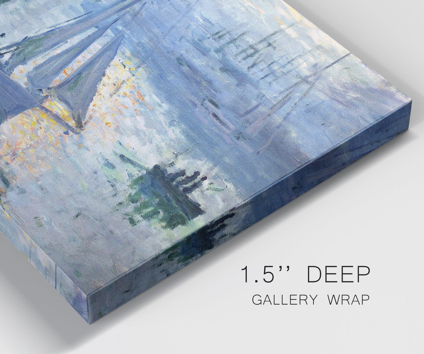 Close-up view of wrapped canvas corner featuring sailboats racing on river.