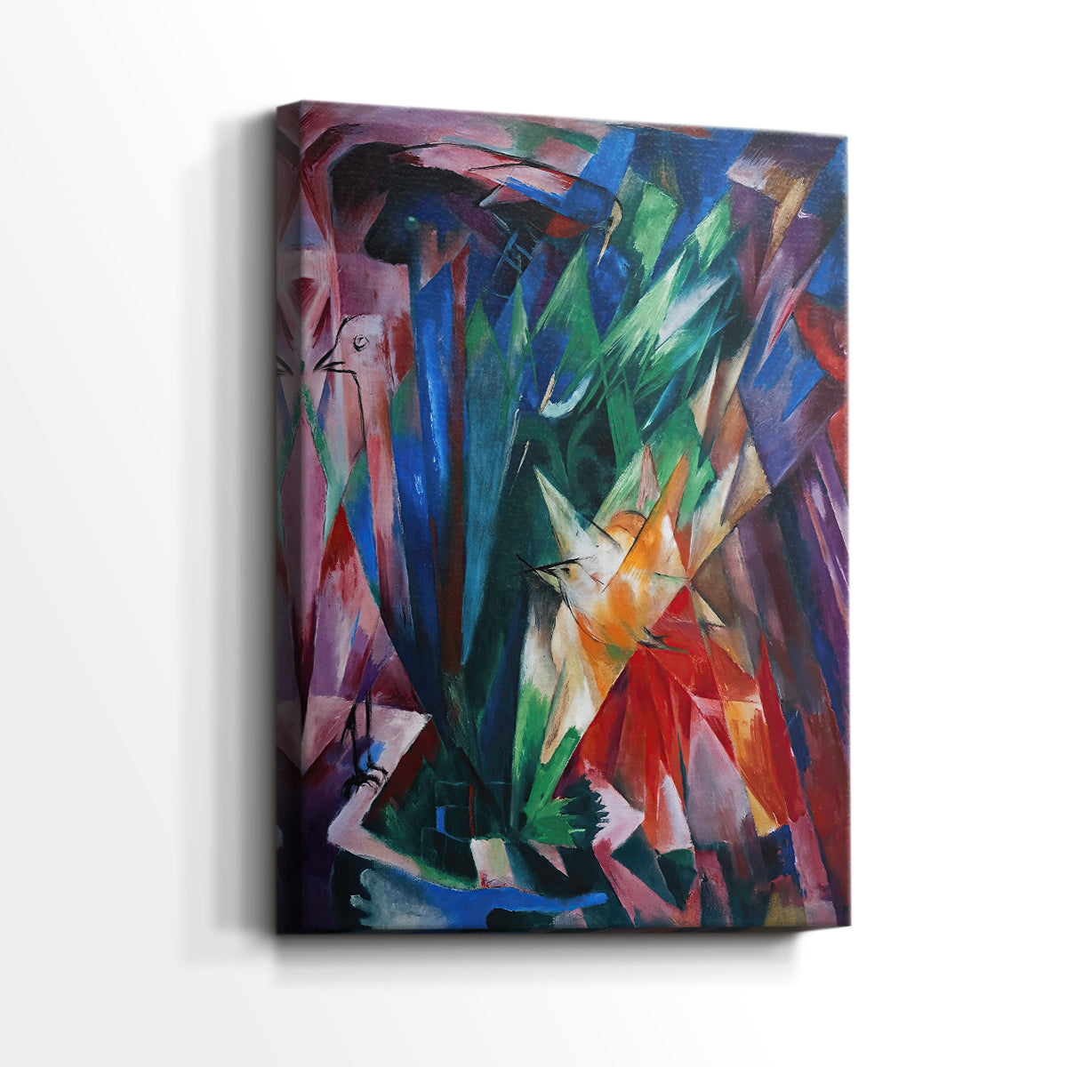 Side view of a canvas art print of a vivid arrangement of birds with expressive brushwork, showing gallery-wrapped depth.