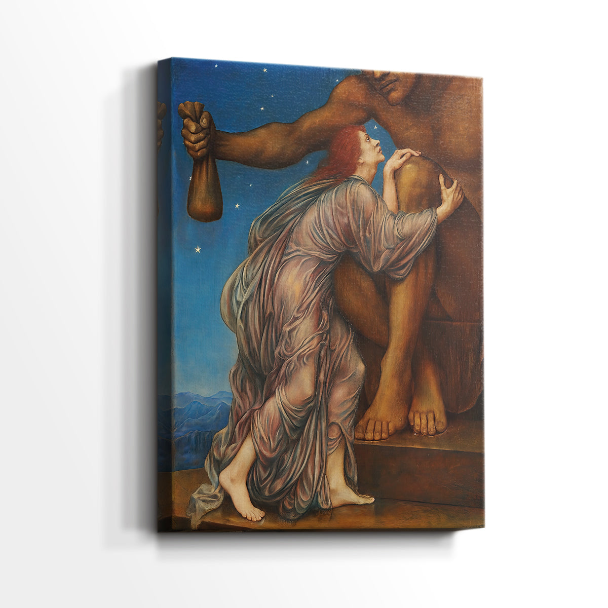 Side view of a canvas art print of a dramatic scene with symbolic meaning and layered detail, showing gallery-wrapped depth.