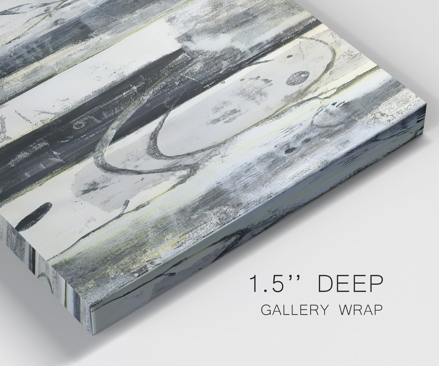 Close-up view of wrapped canvas corner featuring vertical abstract tree forms.