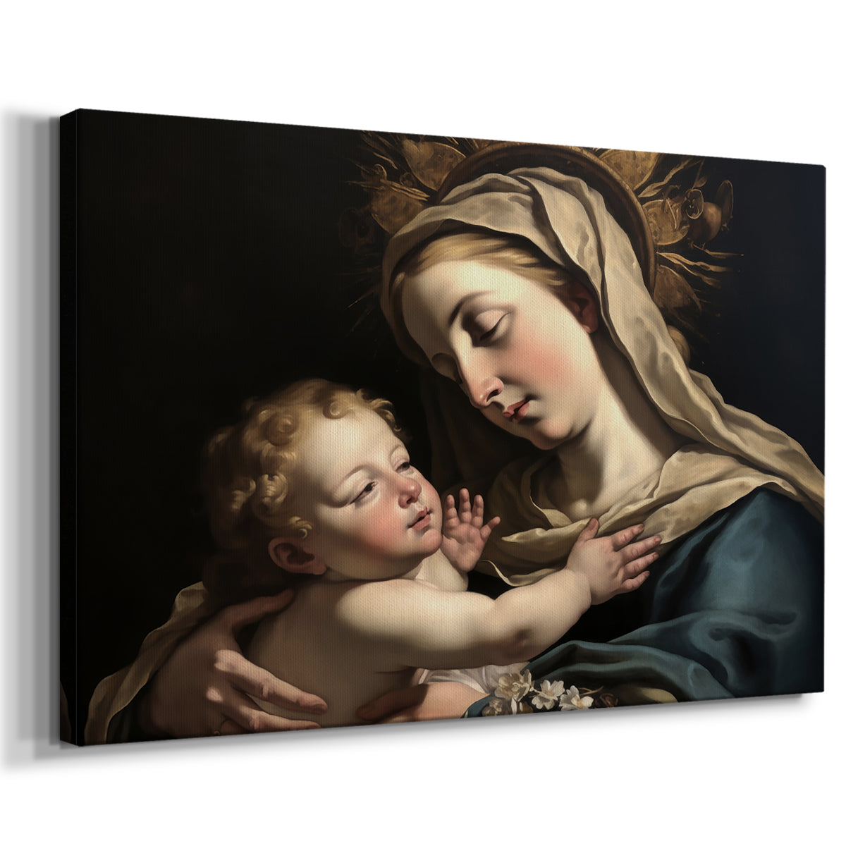 Mother and child embrace in a serene moment set against a dark background highlighting devotion and tenderness