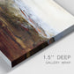 Close-up view of wrapped canvas corner featuring rustic abstract landscape exploration.