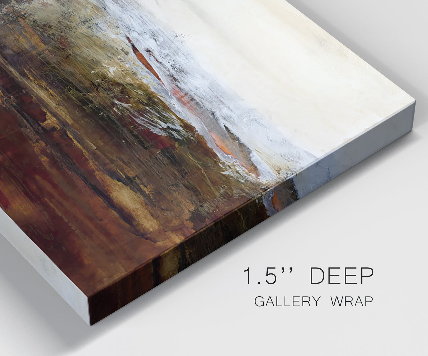 Close-up view of wrapped canvas corner featuring rustic abstract landscape exploration.