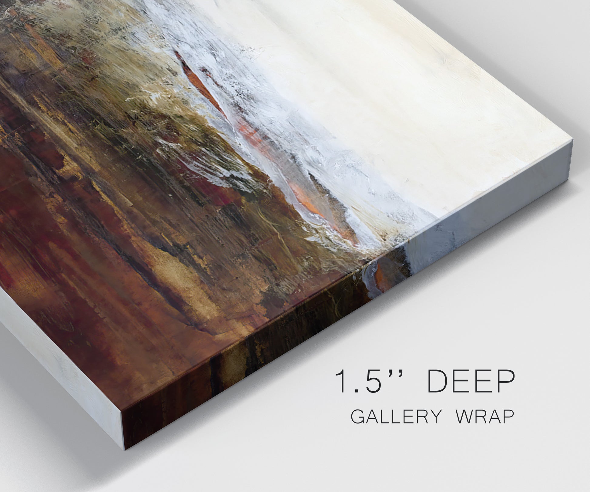 Close-up view of wrapped canvas corner featuring rustic abstract landscape exploration.