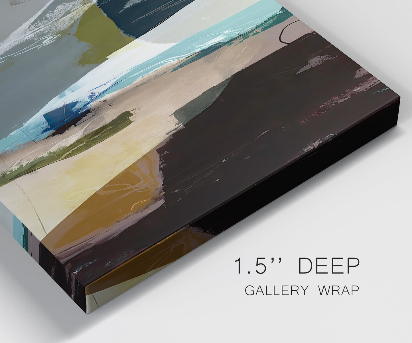 Close-up view of wrapped canvas corner featuring layered neutral abstract textures.