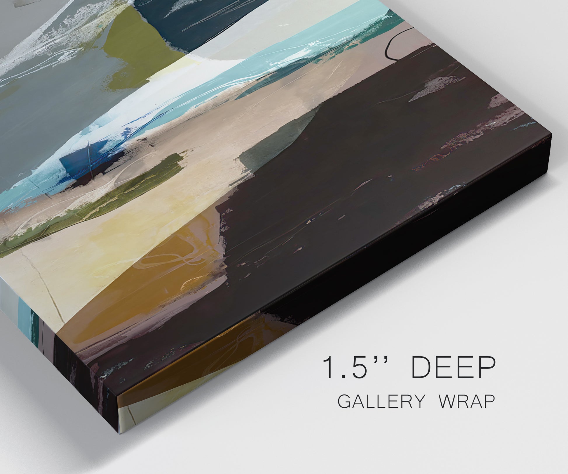 Close-up view of wrapped canvas corner featuring layered neutral abstract textures.