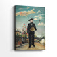 Side view of a canvas art print of a stylized portrait combining figure and cityscape, showing gallery-wrapped depth.