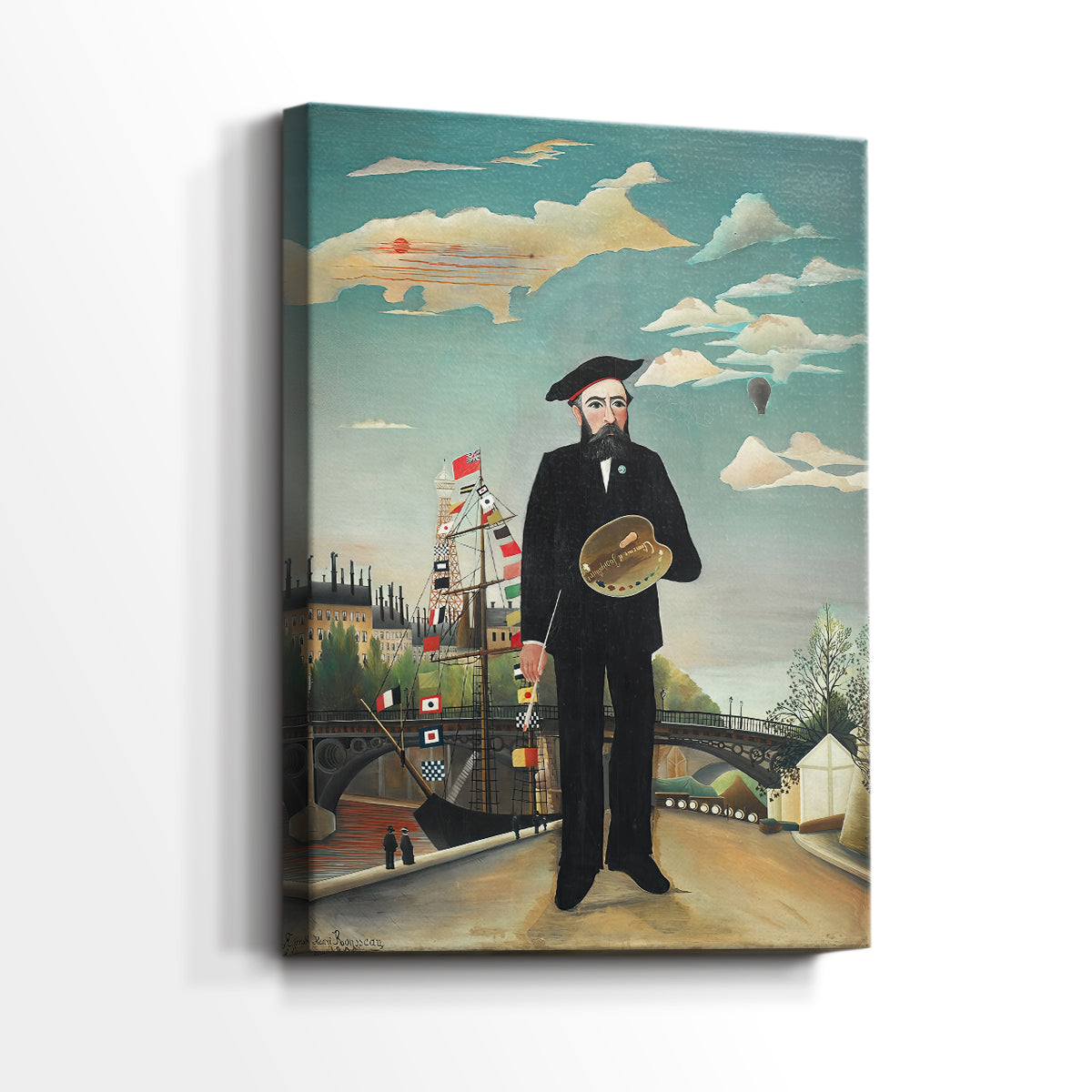 Side view of a canvas art print of a stylized portrait combining figure and cityscape, showing gallery-wrapped depth.