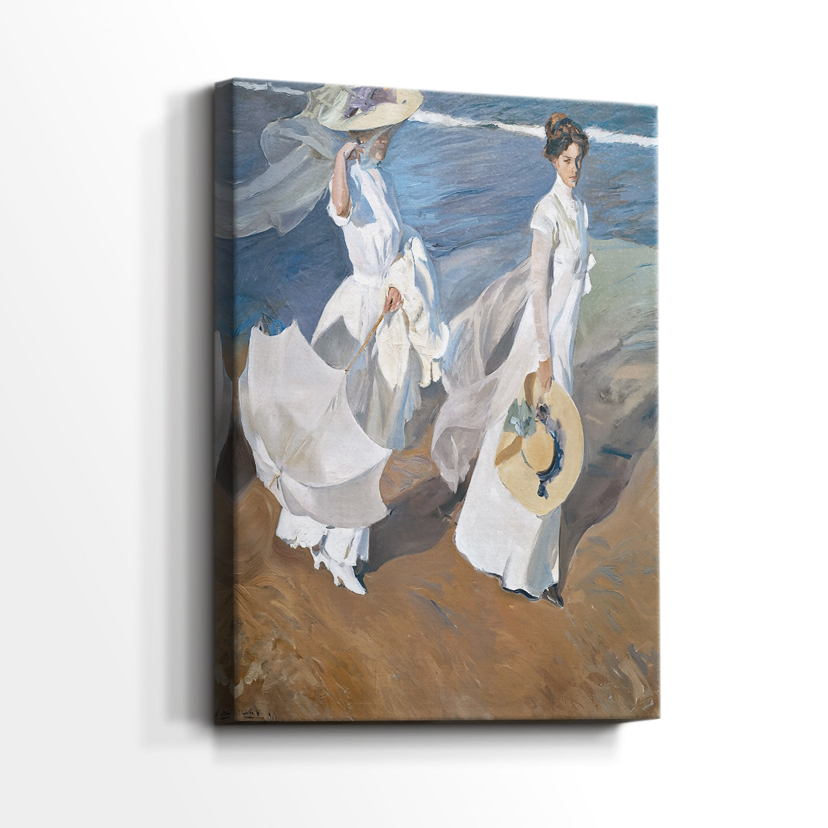 Side view of a canvas art print of a luminous seaside scene with figures in motion, showing gallery-wrapped depth.