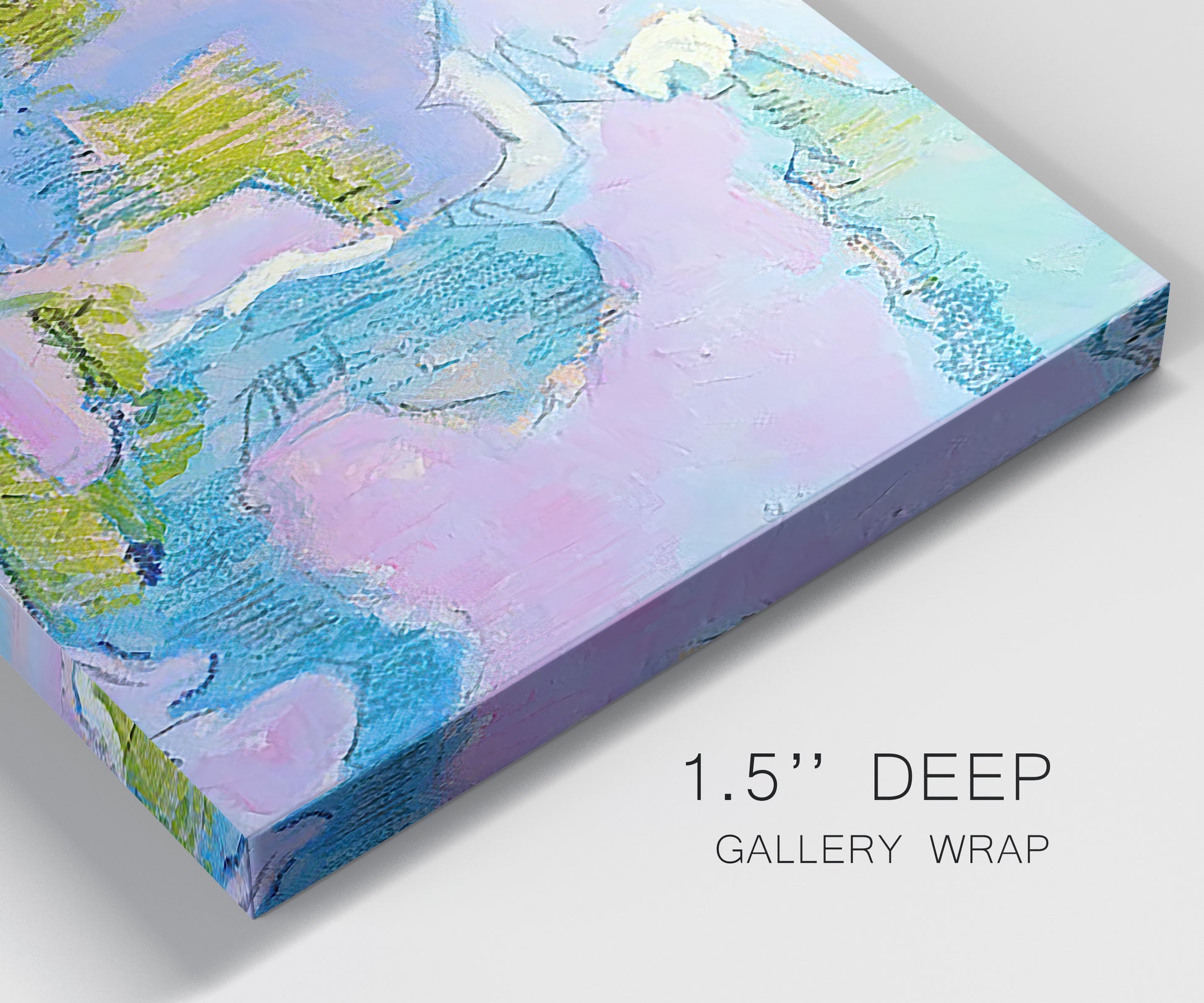 Close-up view of wrapped canvas corner featuring abstract view through window forms.