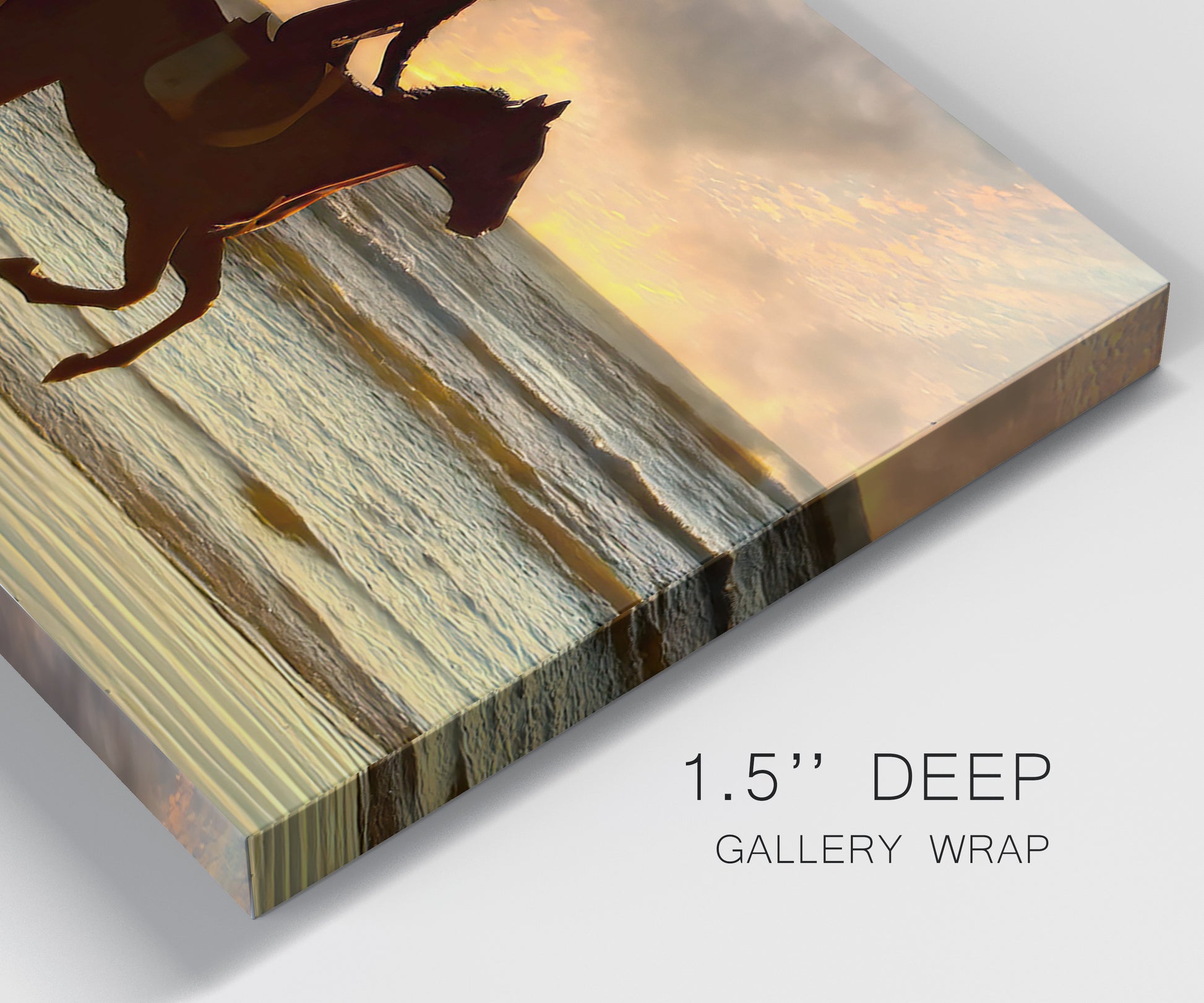 Close-up view of wrapped canvas corner featuring running horse along beach photograph.