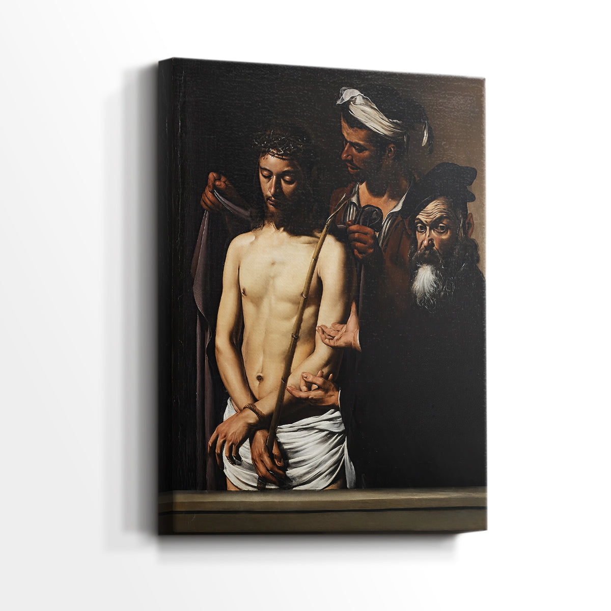 Side view of a canvas art print of a tense moment with expressive figures and dark background, showing gallery-wrapped depth.