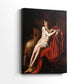 Side view of a canvas art print of a religious figure with minimal surroundings and dramatic light, showing gallery-wrapped depth.