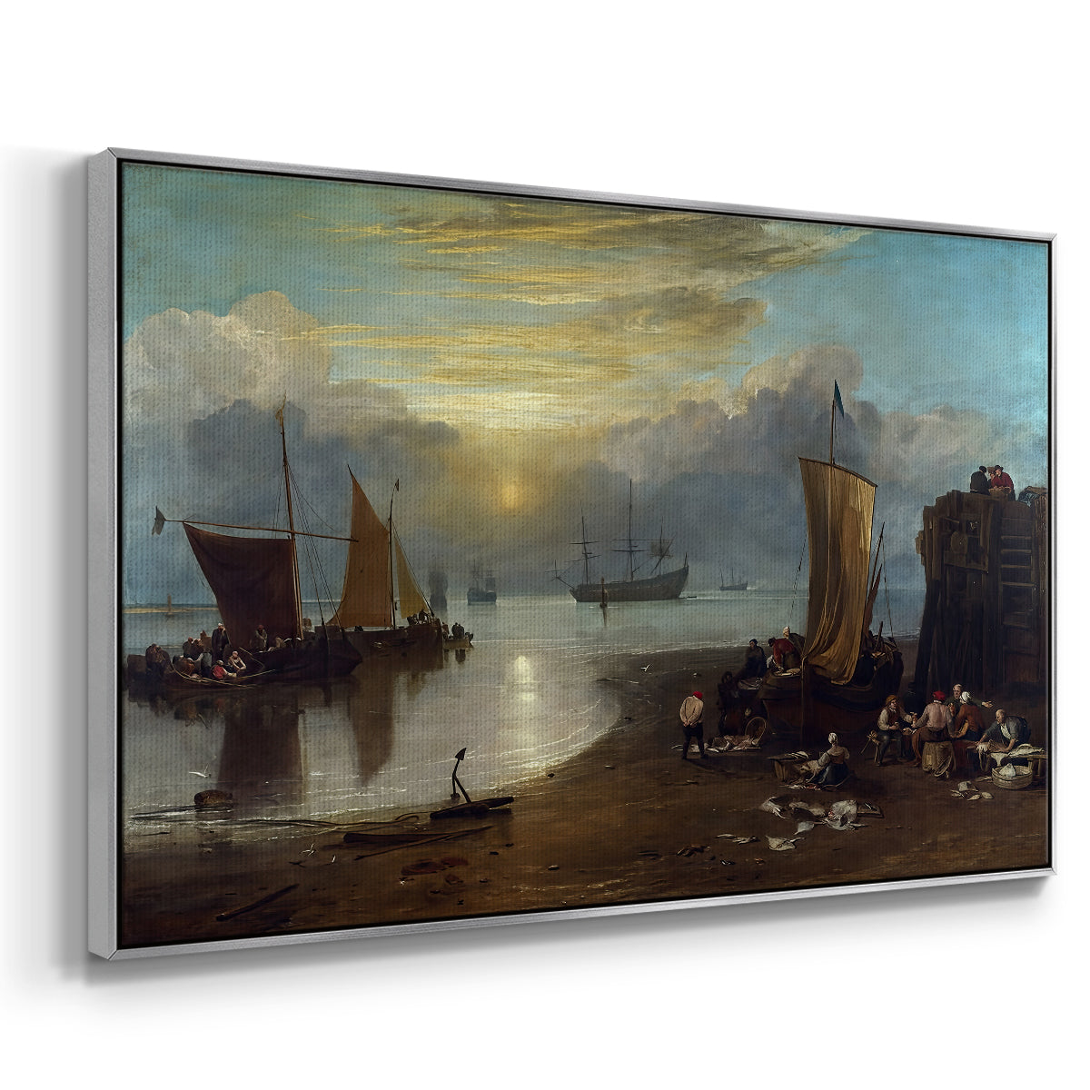 Sun Rising through Vapour: Fishermen Cleaning and Selling Fish, c. 1807 - Floater Framed Canvas Print