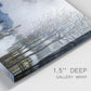 Close-up view of wrapped canvas corner featuring steam train in snowy landscape.