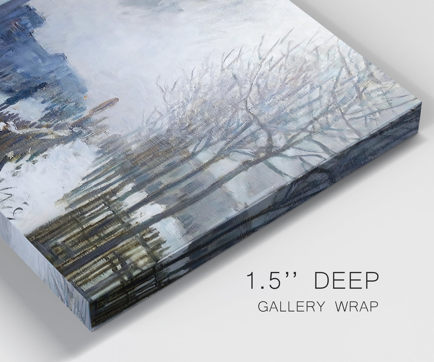 Close-up view of wrapped canvas corner featuring steam train in snowy landscape.