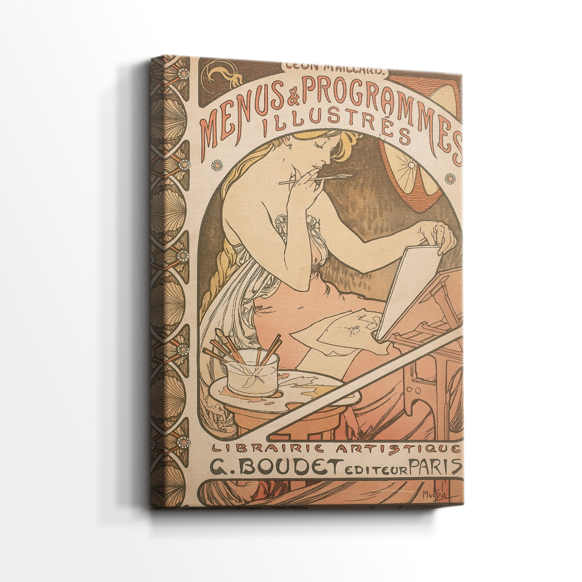 Side view of a canvas art print of a decorative poster with elegant lines and soft tones, showing gallery-wrapped depth.