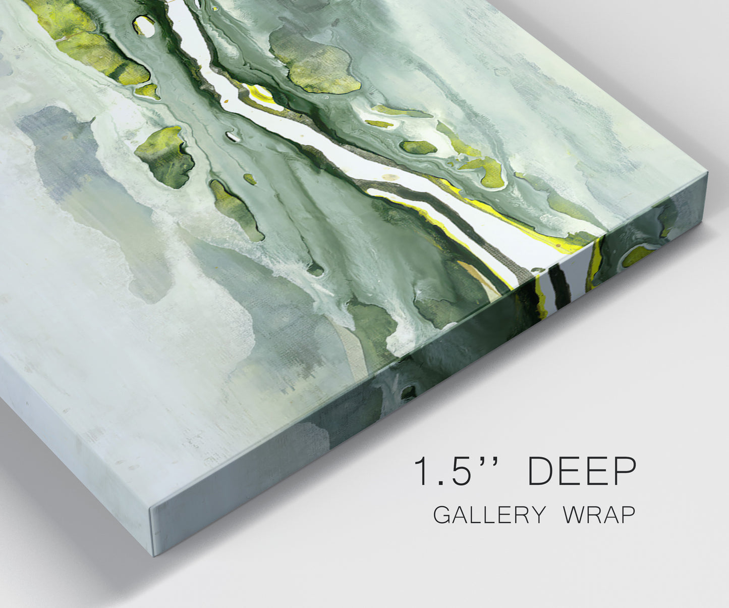 Close-up view of wrapped canvas corner featuring abstract passage of time composition.