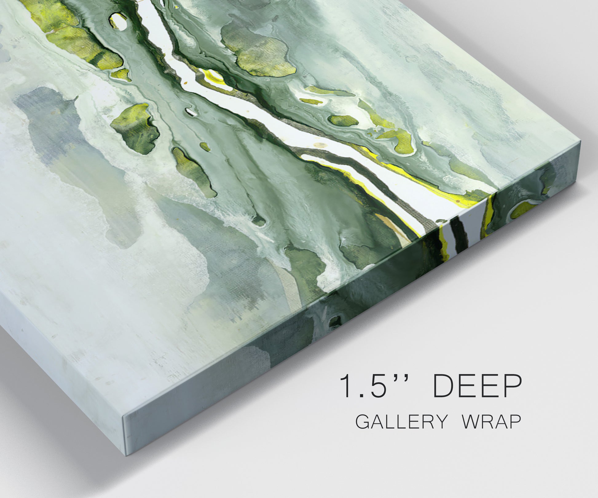 Close-up view of wrapped canvas corner featuring abstract passage of time composition.