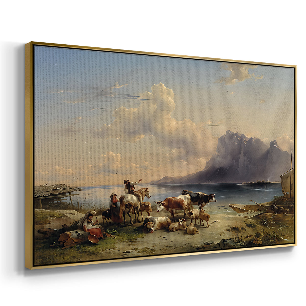 Shepherds and Cattle on Lake Attersee, 1852 - Floater Framed Canvas Print