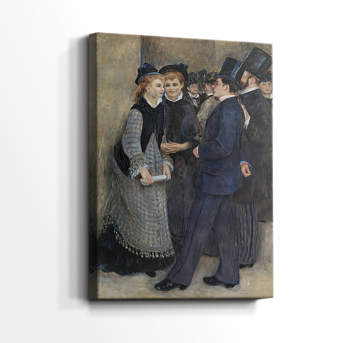 Side view of a canvas art print of a social composition with figures in a quiet outdoor setting, showing gallery-wrapped depth.