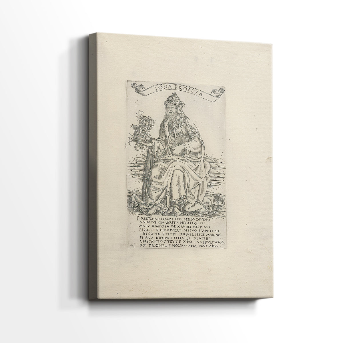 Side view of a canvas art print of a structured illustration with minimal shading and clarity, showing gallery-wrapped depth.