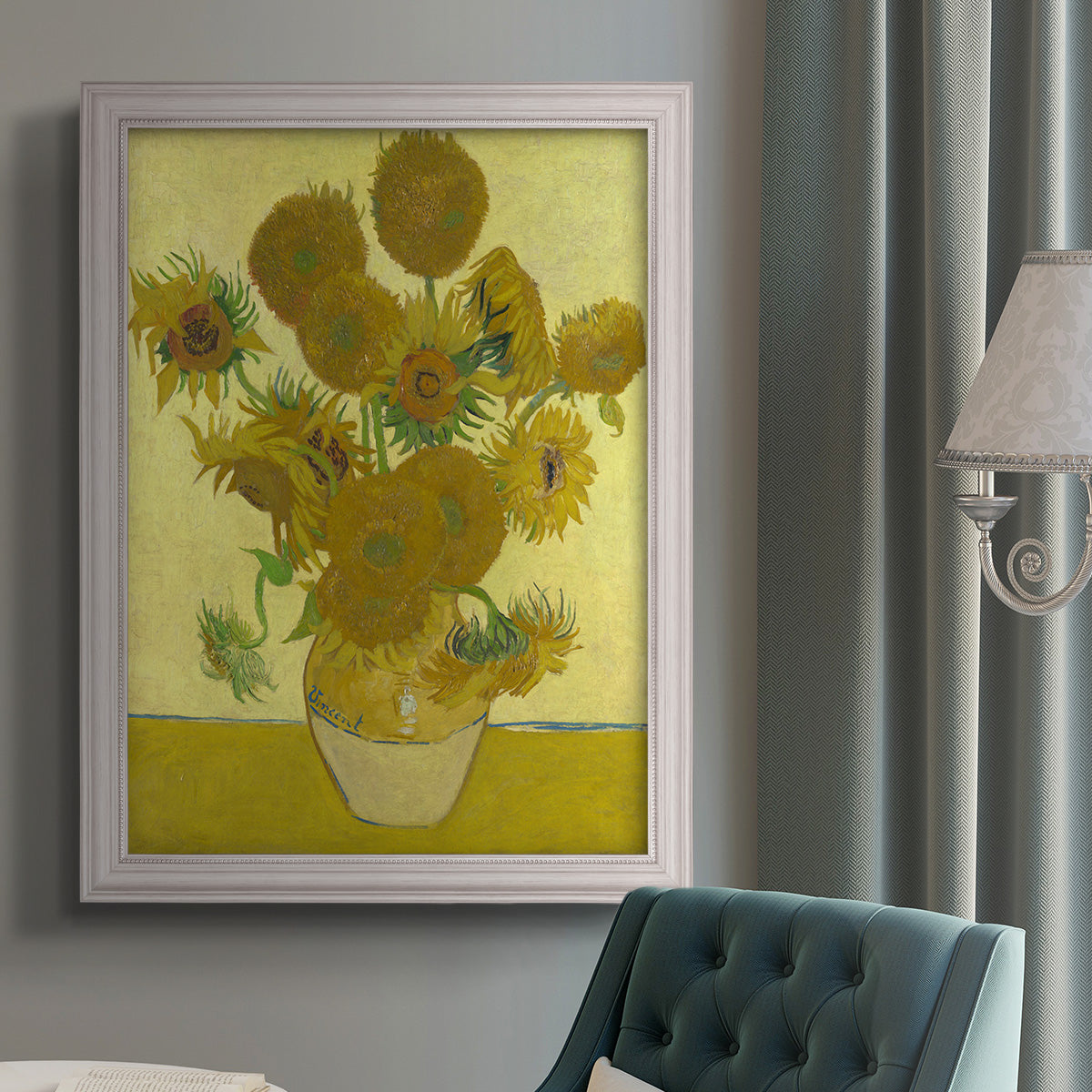 Impressionist sunflower still life painting by Vincent van Gogh in an {frame_style_descriptor} displayed in a neutral interior setting.