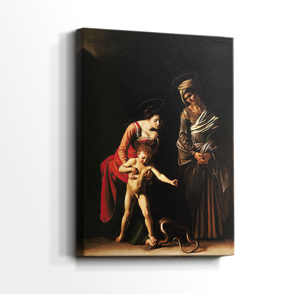 Side view of a canvas art print of a devotional scene with gentle expressions and warm tones, showing gallery-wrapped depth.