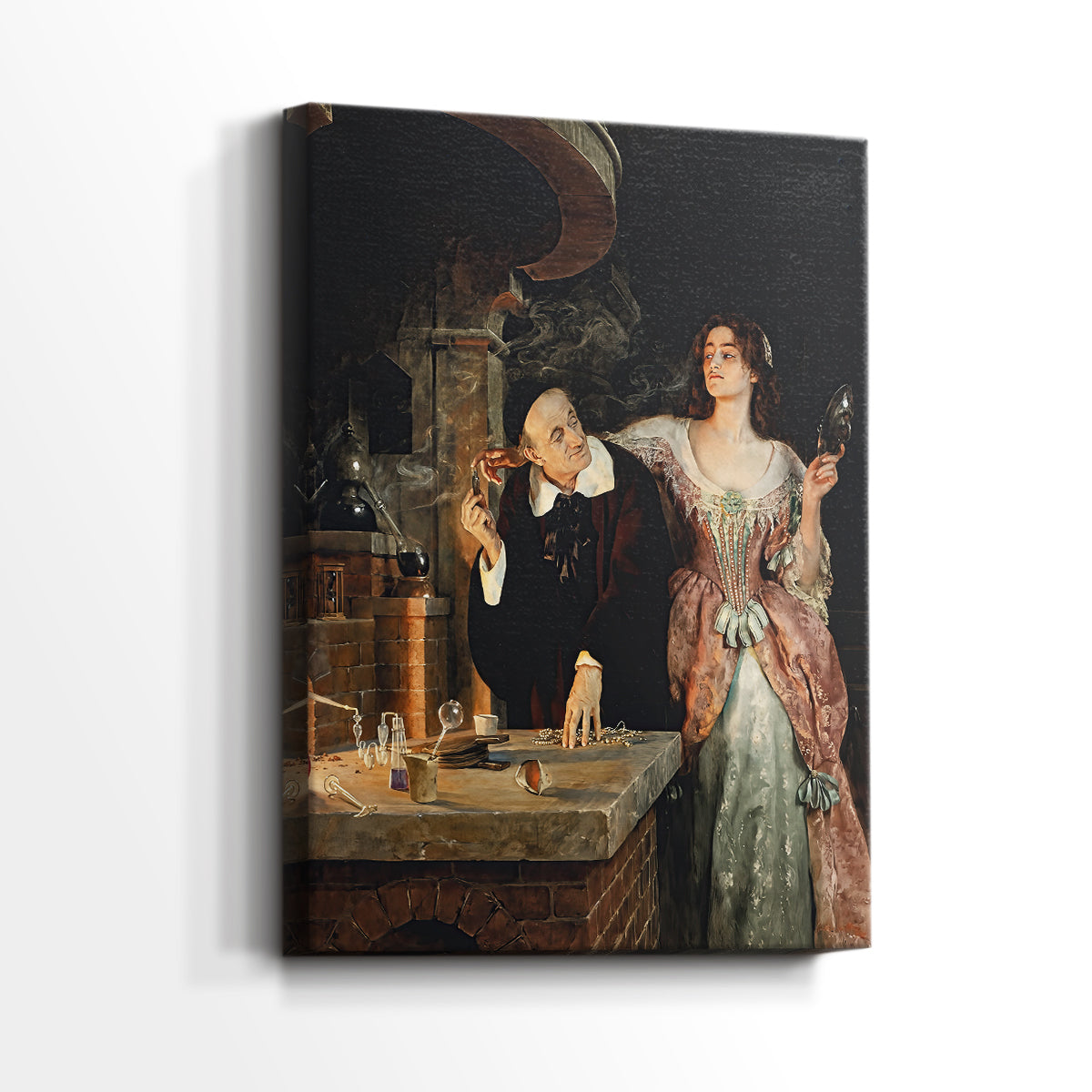 Side view of a canvas art print of a narrative composition with scientific activity and shadow, showing gallery-wrapped depth.