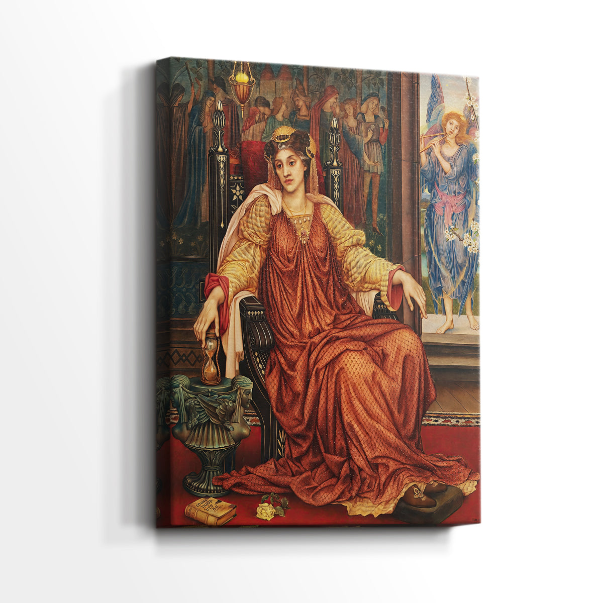 Side view of a canvas art print of a quiet allegorical scene with rich color and detail, showing gallery-wrapped depth.