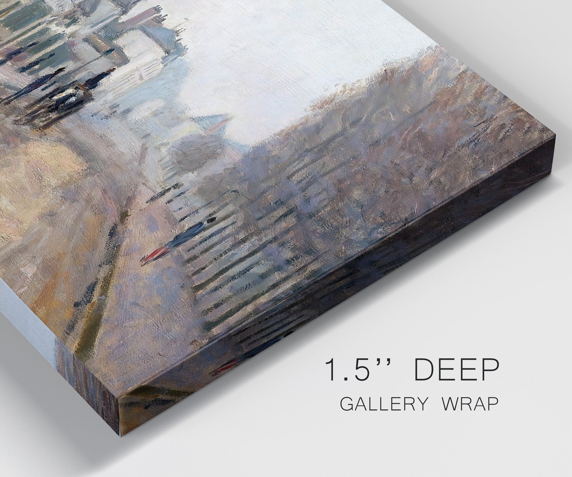 Close-up view of wrapped canvas corner featuring tree lined boulevard in town.