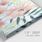 Close-up view of wrapped canvas corner featuring layered tropical plant collage.