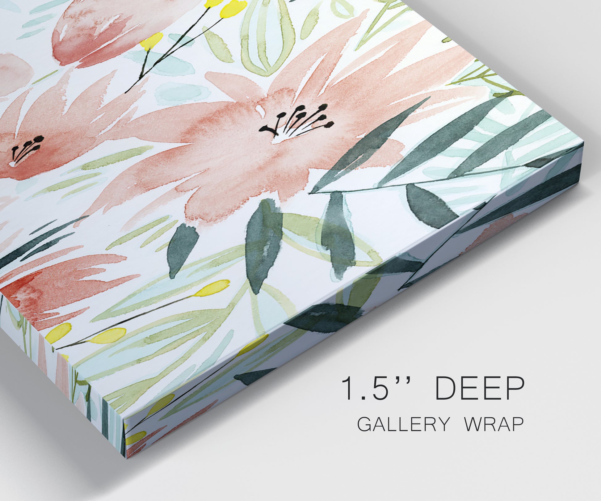 Close-up view of wrapped canvas corner featuring layered tropical plant collage.