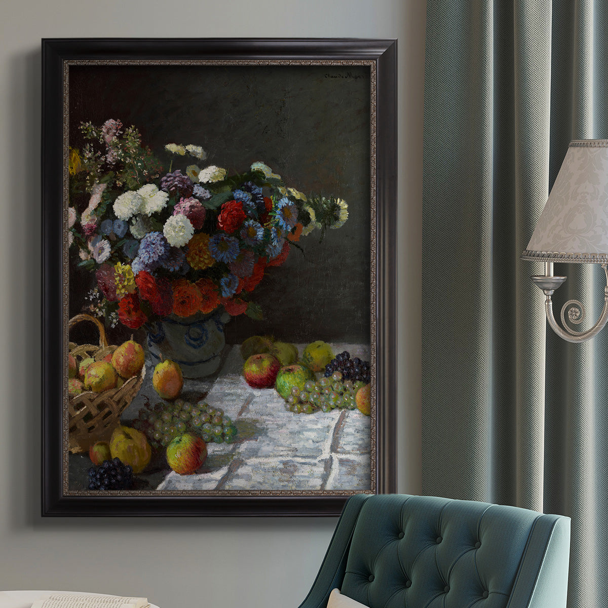 Impressionist floral still life painting by Claude Monet in an {frame_style_descriptor} displayed in a neutral interior setting.