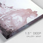 Close-up view of wrapped canvas corner featuring soft pink abstract scenic layers.